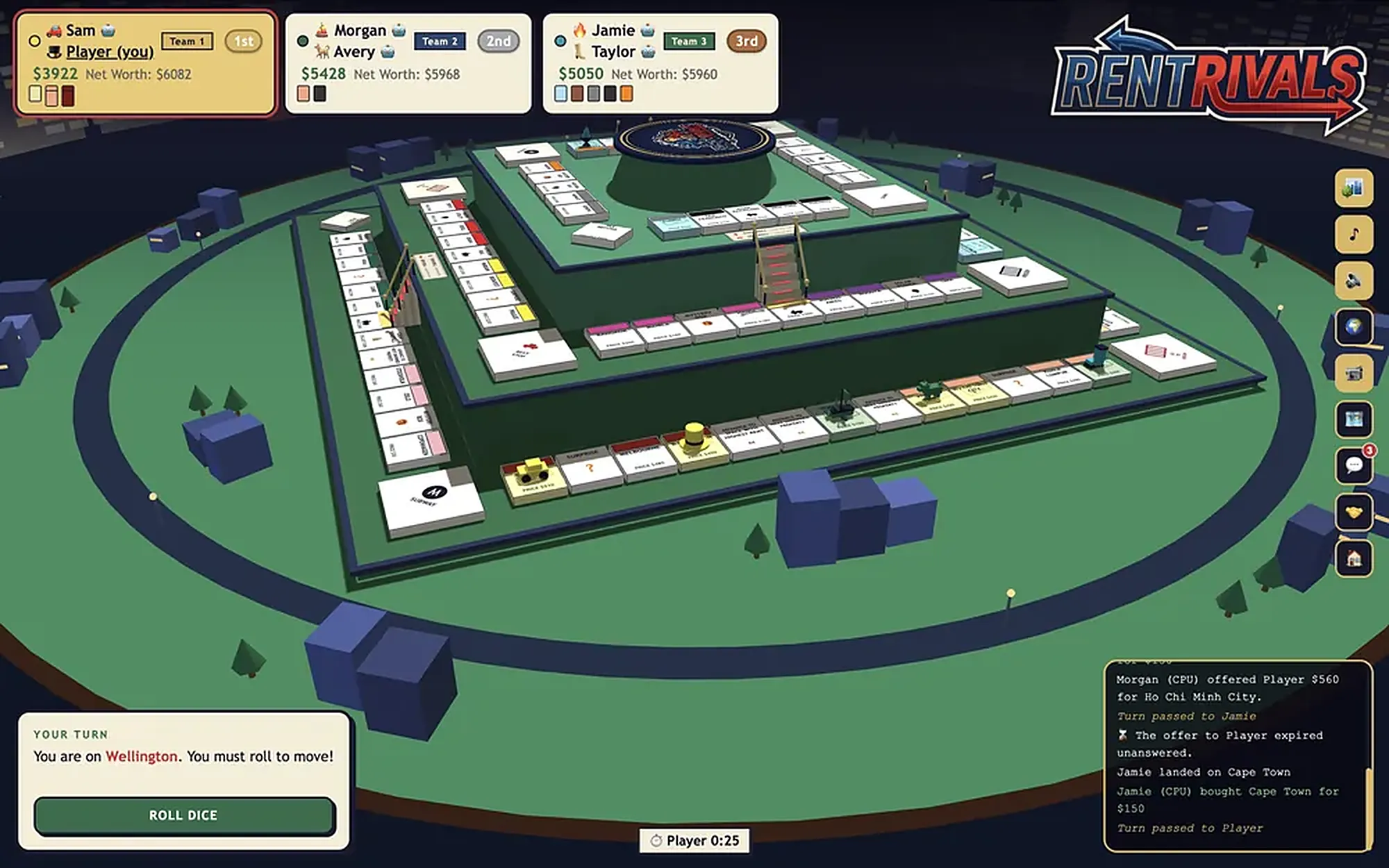A RentRivals game in progress on the multi-tier board